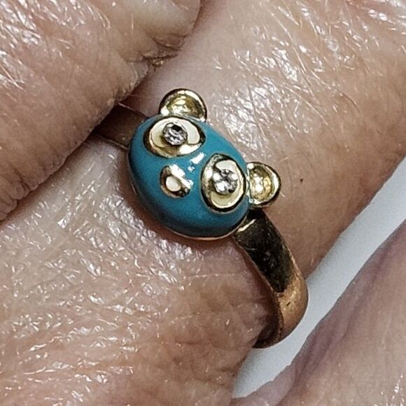 Unbranded Jewelry - Gold Tone Blue Enamel Bear Face Ring Clear Rhinestone Eyes Adjustable Size 7.25